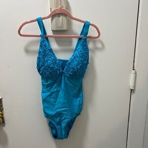 Turquoise Blue One Piece Swimsuit with Plunging Neckline and Wide Straps